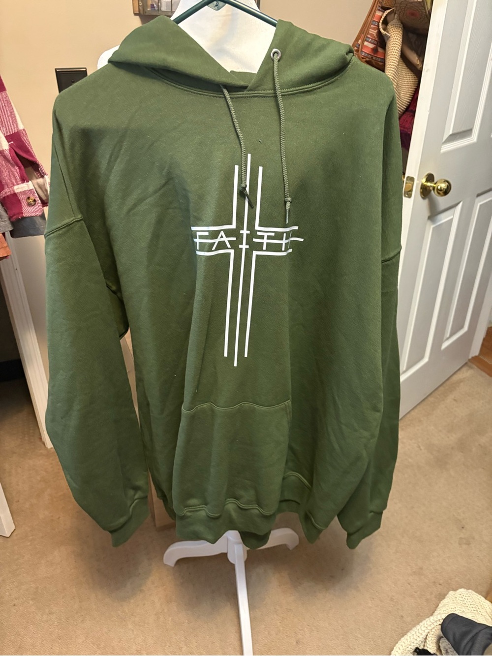 Jerzees Olive Green Crewneck Hoodie with White Graphic